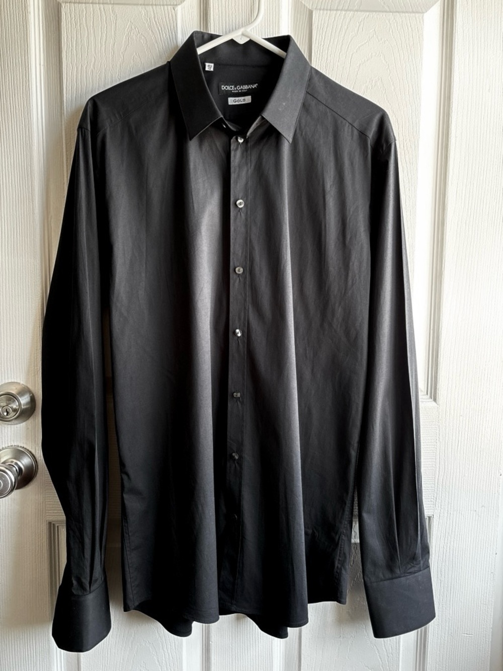 Men's Long Sleeve Solid Dress Black Shirt- Dolce & Gabbana Gold